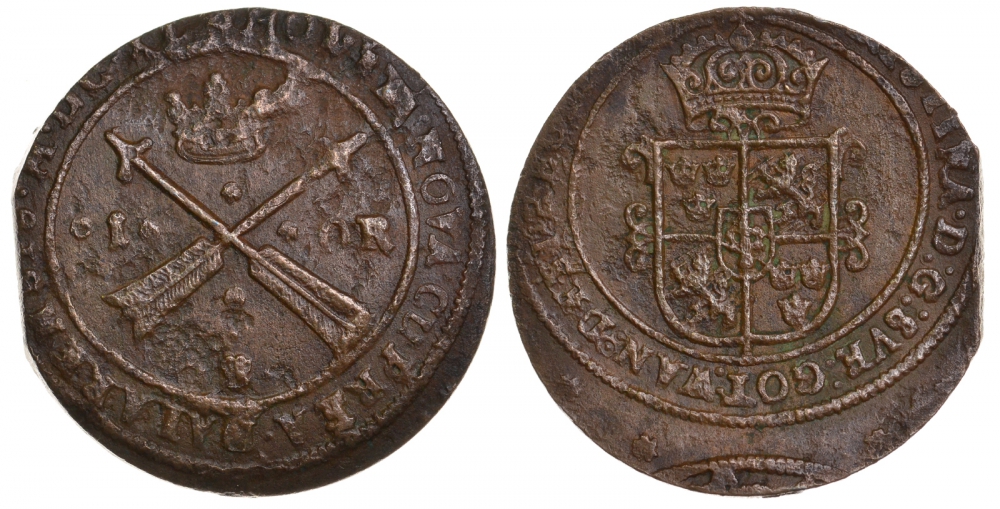 Швеция 1 эре 1640 Кристина, диаметр 47 мм, вес 50,33 г, хорошее состояние для данных монет, монетный двор Сатер KM 161 медь 00-821-70