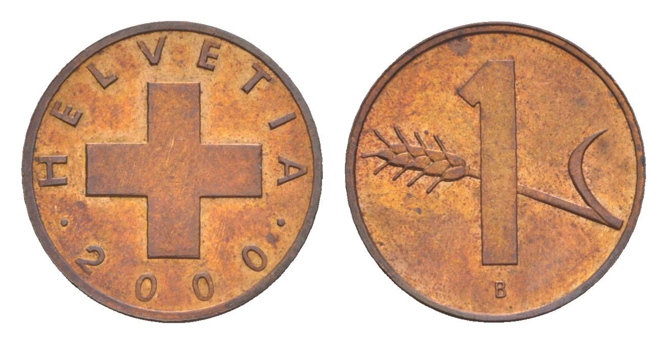 Швейцария 1 раппен 2000 B KM 46 бронза UNC 4532-367