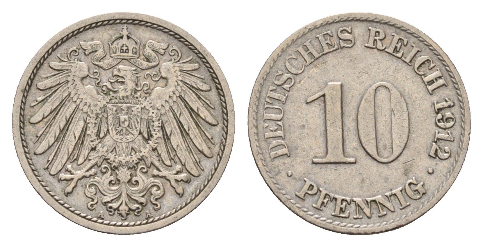 Германия 10 пфеннигов 1912 A, Вильгельм II (1888-1918) KM 12, J. 13 медно-никель 4636-932