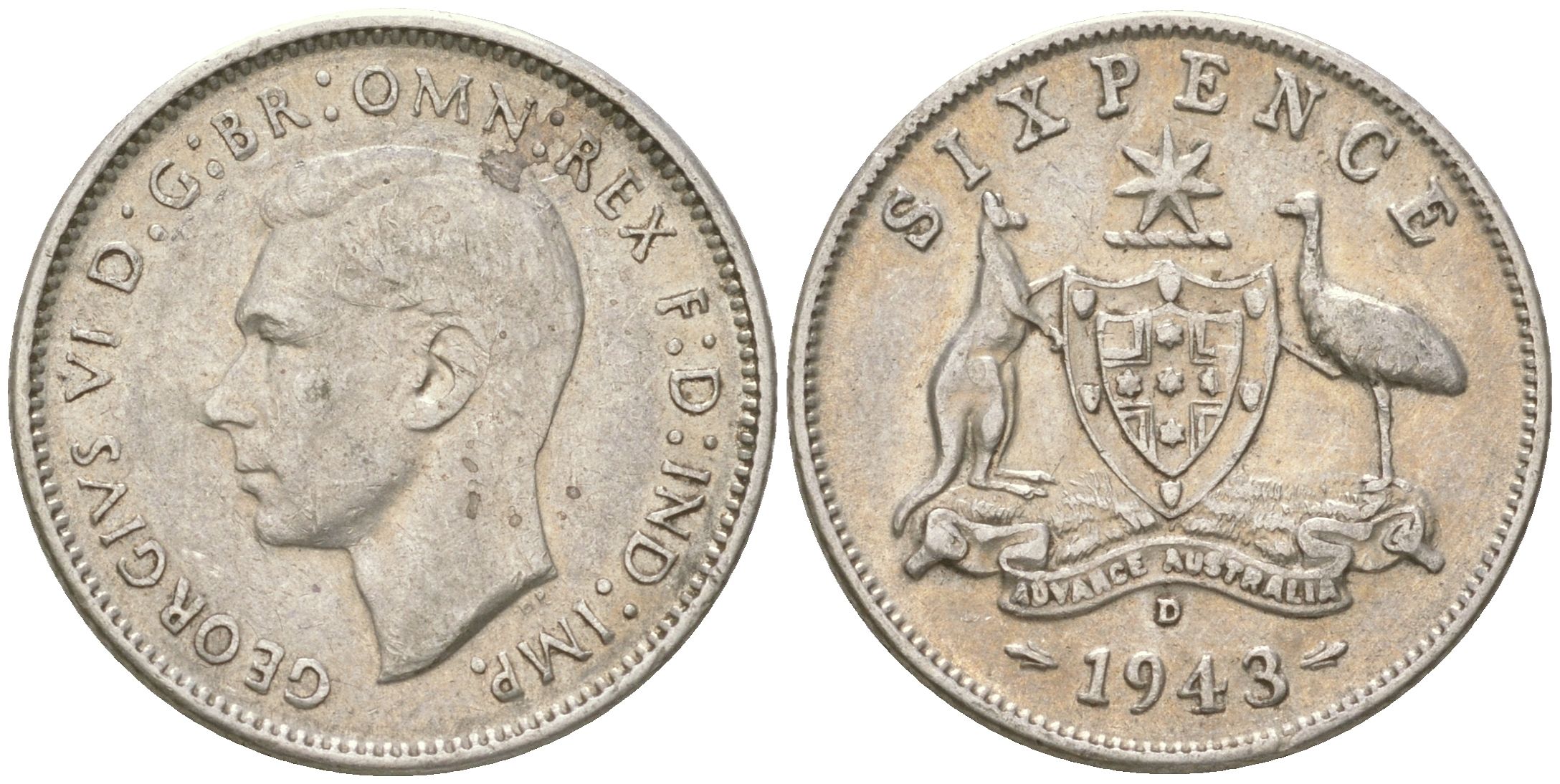 Австралия 6 пенсов 1943 D, Георг V (1936-1952) KM 38 серебро 4623-231