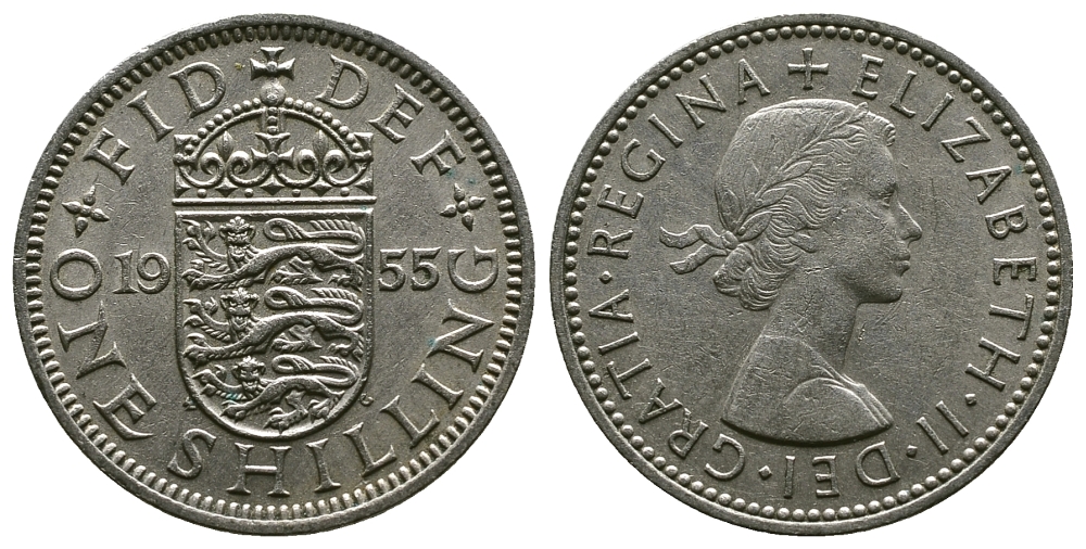 Великобритания 1 шиллинг 1955 Елизавета II (1952-2022), Английский герб KM 904, Spink 4147 медно-никель 4384-257