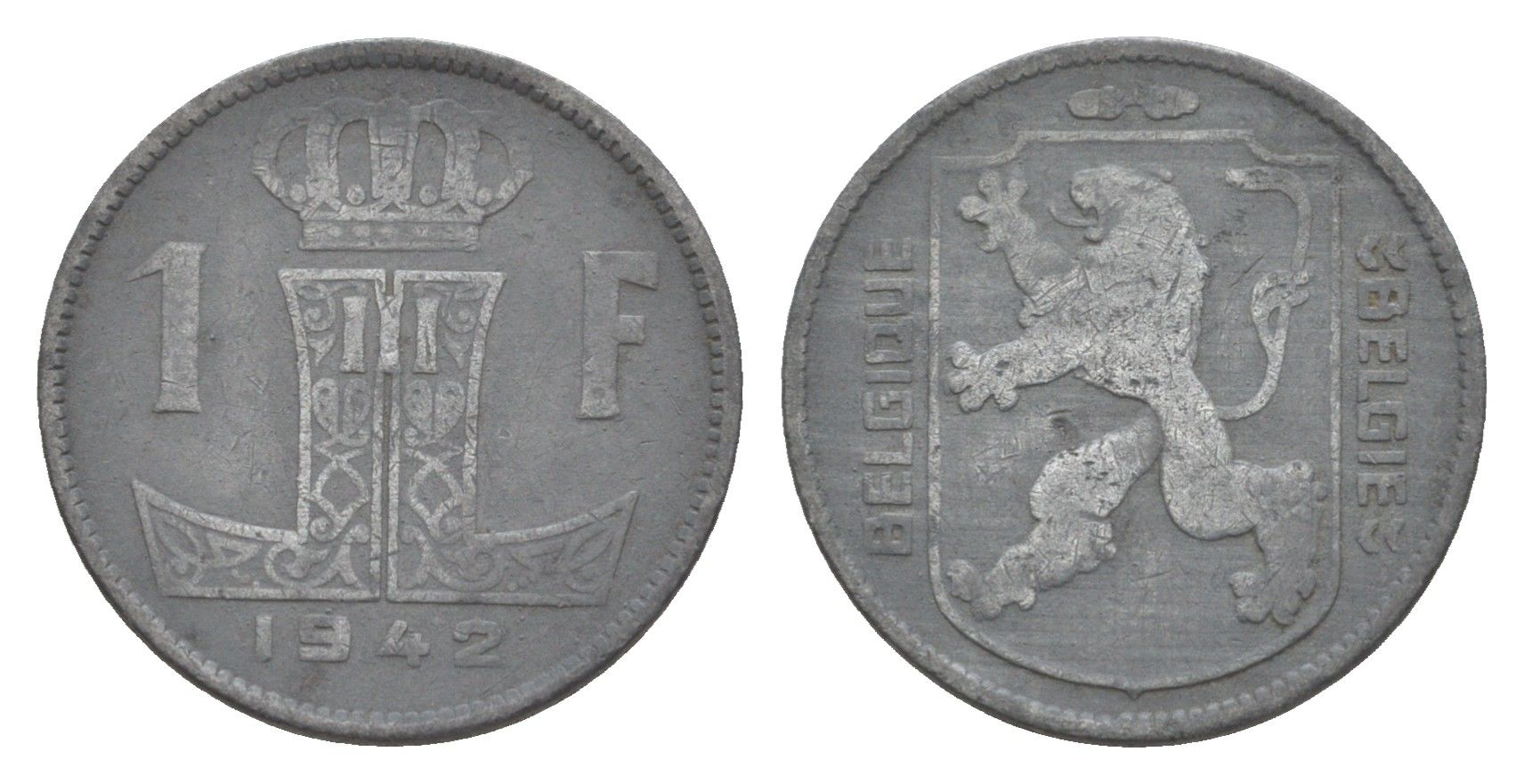 Бельгия 1 франк 1942 Belgique - Belgie, Леопольд III (1934-1951), германская оккупация, Вторая мировая война KM 127 цинк 4173-826