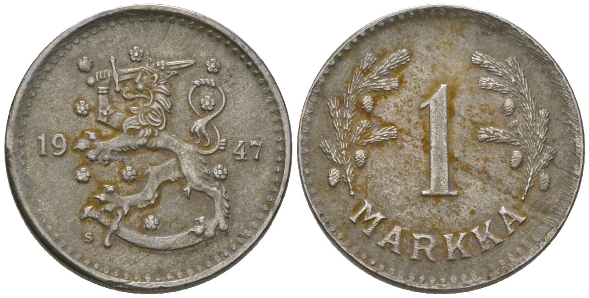 Финляндия 1 марка 1947 S, редкий год, тираж 1.750.000 KM 30b железо 4173-941