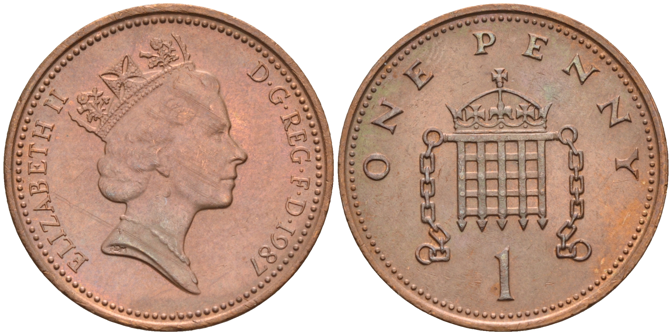 Великобритания 1 пенни 1987 Елизавета II (1952-2022) КМ 935, Spink 4381 (B3) бронза 4594-121