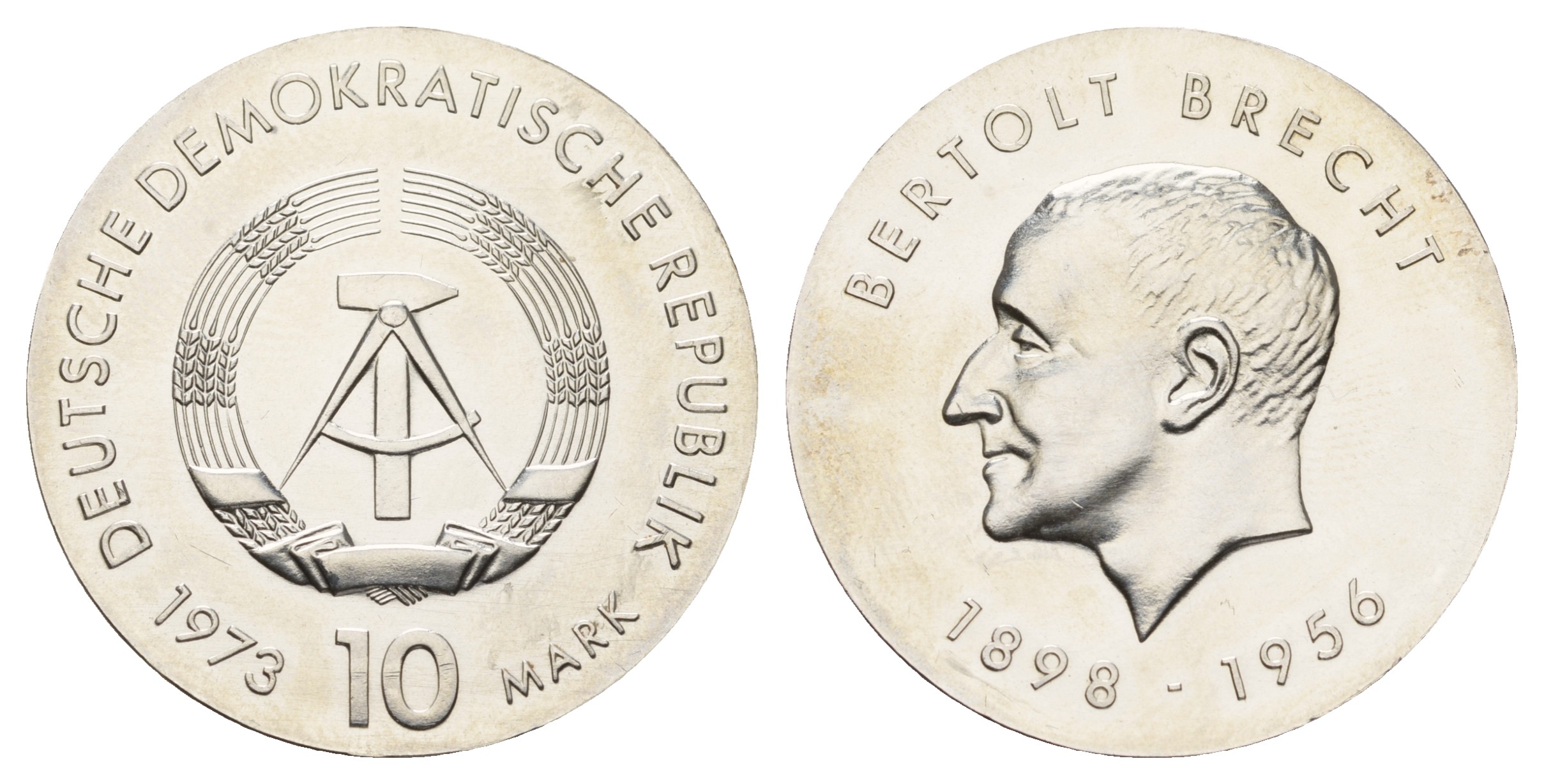 ГДР 10 марок 1973 A, 75 лет со дня рождения Бертольта Брехта KM 45 серебро  UNC  1099-2-31