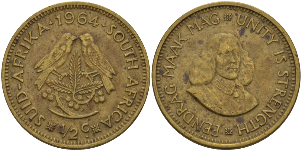 ЮАР 1/2 ЦЕНТА 1964 ЯН ВАН РИБЕК (1619-1677), ГОЛАНДСКИЙ ИССЛЕДОВАТЕЛЬ , МОРЕПЛАВАТЕЛЬ, ОСНОВАТЕЛЬ Г. КЕЙПТАУНА, ДВЕ ПТИЧКИ НА ВЕТКЕ С ЯГОДАМИ KM 56 латунь 67-242