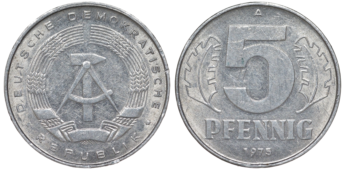 ГДР 5 ПФЕННИГОВ 1975 A KM 9.1 алюминий 62-333
