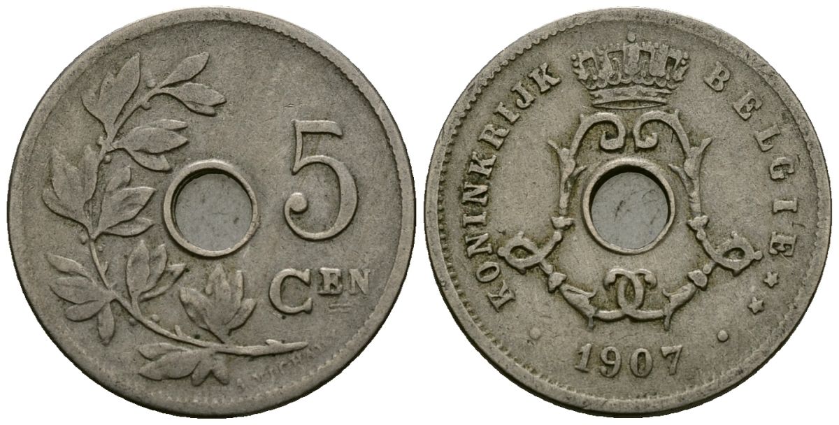 Бельгия 5 сантимов 1907 Belgie KM 55 медно-никель 4173-158