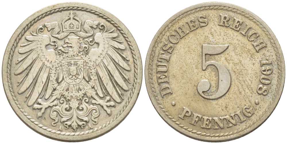 Германия 5 пфеннигов 1908 A KM 11, Jager 12, Weege 6 медно-никель 206-953