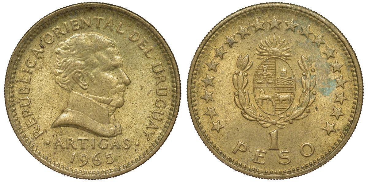 Уругвай 1 песо 1965 KM 46 алюминиевая бронза 190-1153