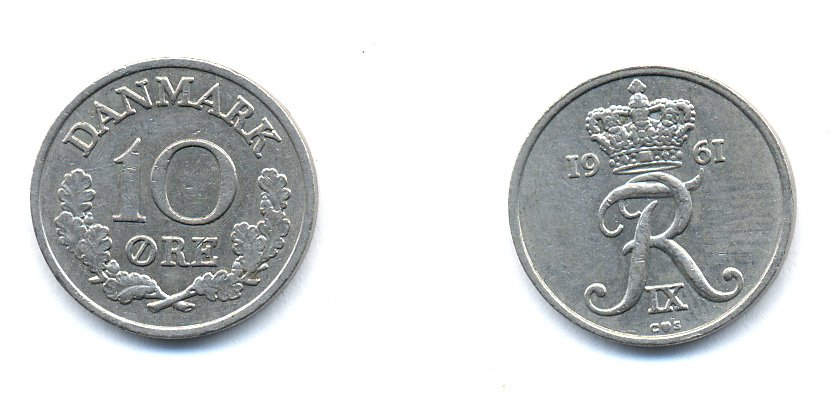 ДАНИЯ 10 ЭРЕ 1961 C; S, ФРЕДЕРИК IX (1947-1972) KM 849.1 медно-никель 51-4411