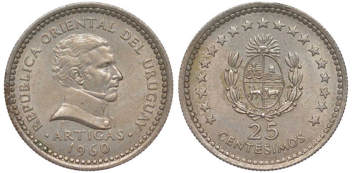 Уругвай 25 сентесимо 1960 KM 40 медно-никель 4532-254