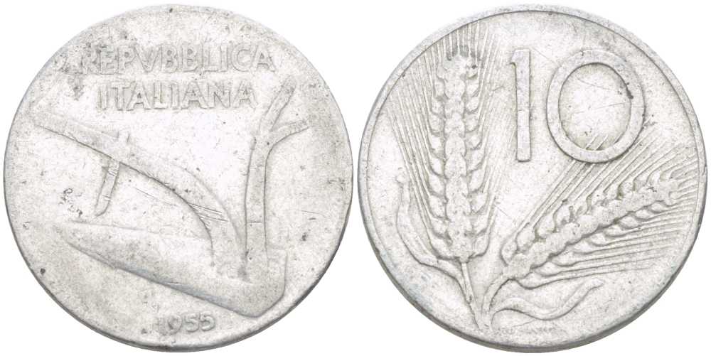 ИТАЛИЯ 10 ЛИР 1955 R, ПЛУГ, КОЛОСЬЯ KM 93 алюминий 175-355
