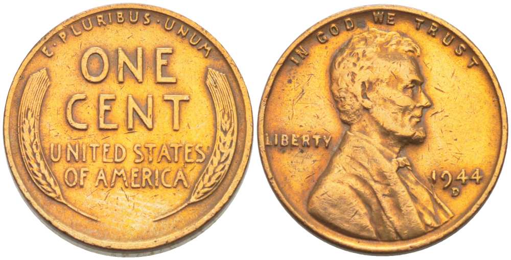 США 1 ЦЕНТ 1944 D, ЛИНКОЛЬН KM А132 медь цинк 218-437