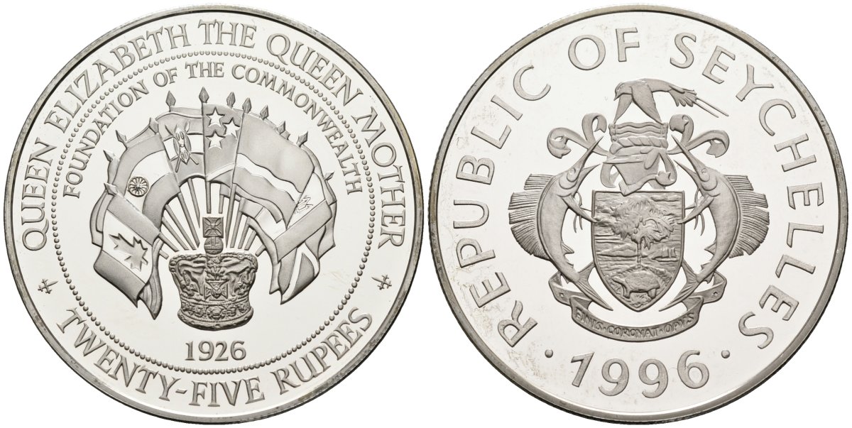Сейшельские острова 25 рупий 1996 серия королева Елизавета-королева мать, основание Британского содружества KM 88 серебро PROOF 1078-3-61