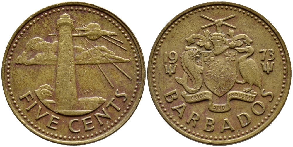 Барбадос 5 центов 1973 маяк Саут-Пойнт KM 11 латунь 4398-443