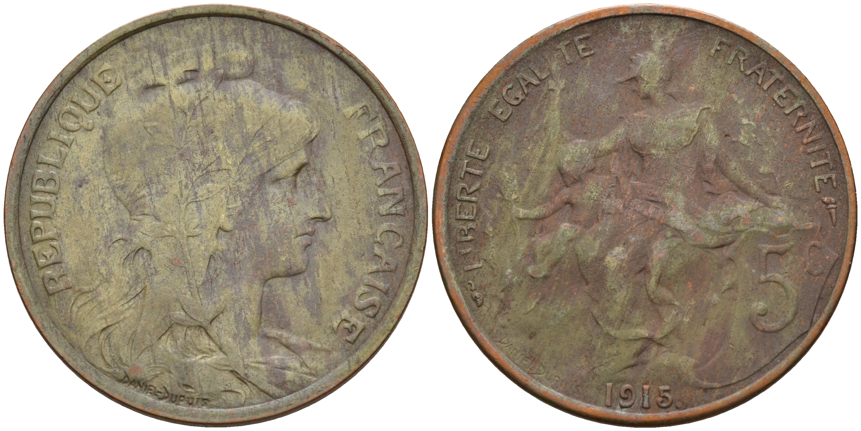 Франция 5 сантимов 1915 тип Дюпюи KM 842 бронза 4116-442