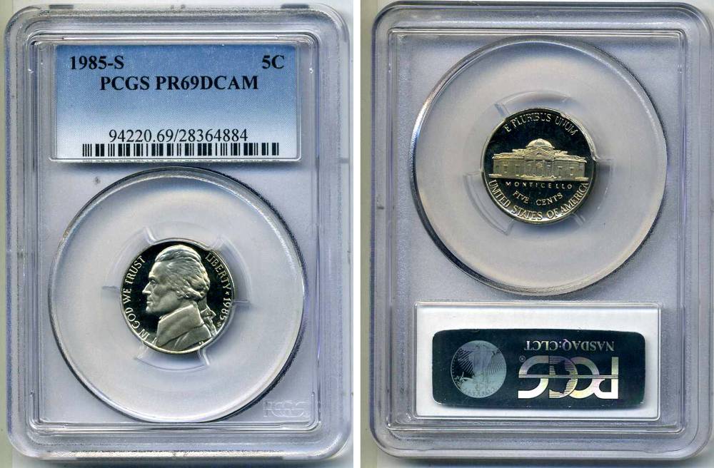 США 5 центов 1985 S, президент Джеферсон, в слабе PCGS PR69CAM KM А192 медно-никель PROOF 15-003-07