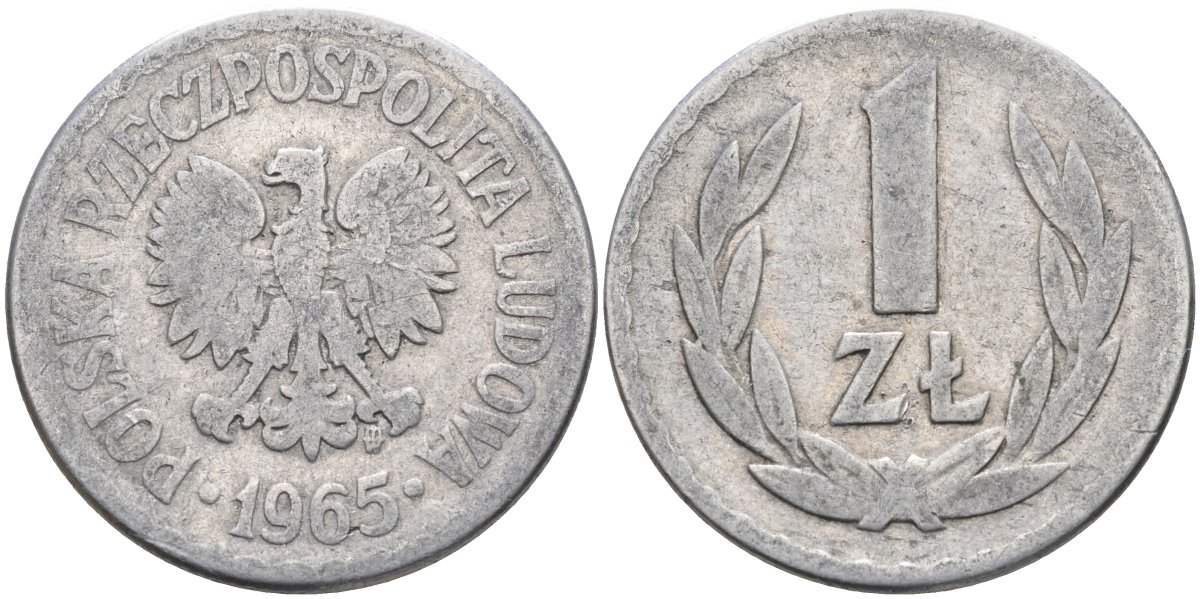 Польша 1 злотый 1965 MW, Народная Республика KM 49.1, Parchimowicz 213b алюминий 3336-725