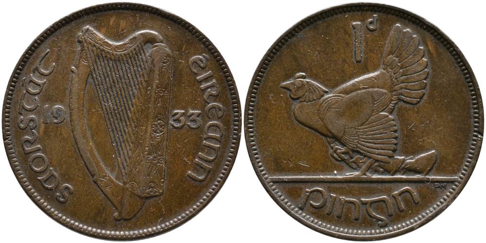 Ирландия 1 пенни 1933 курица с цыплятами KM 3 бронза 4531-625