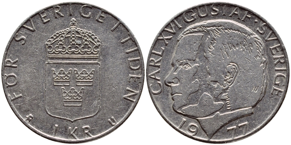 Швеция 1 крона 1977 Карл XVI Густав (1973- ) KM 852 медь плакированная медно-никелем 4397-827