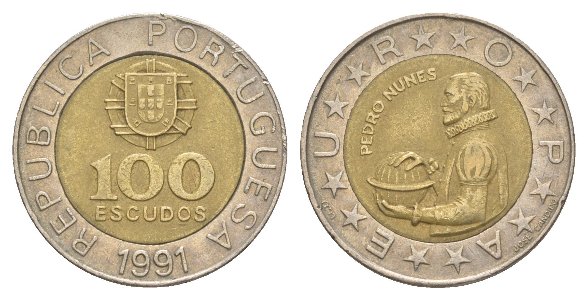 Португалия 100 эскудо 1991 Педру Нуниш (1502-1578), математик KM 645 биметалл 4388-832