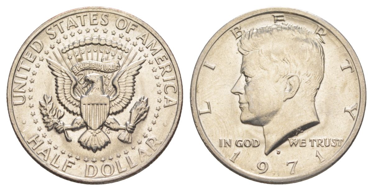 США 1/2 доллара (50 центов) 1971 D, Джон Кеннеди KM 202b медь плакированная медно-никелем aUNC 180-125