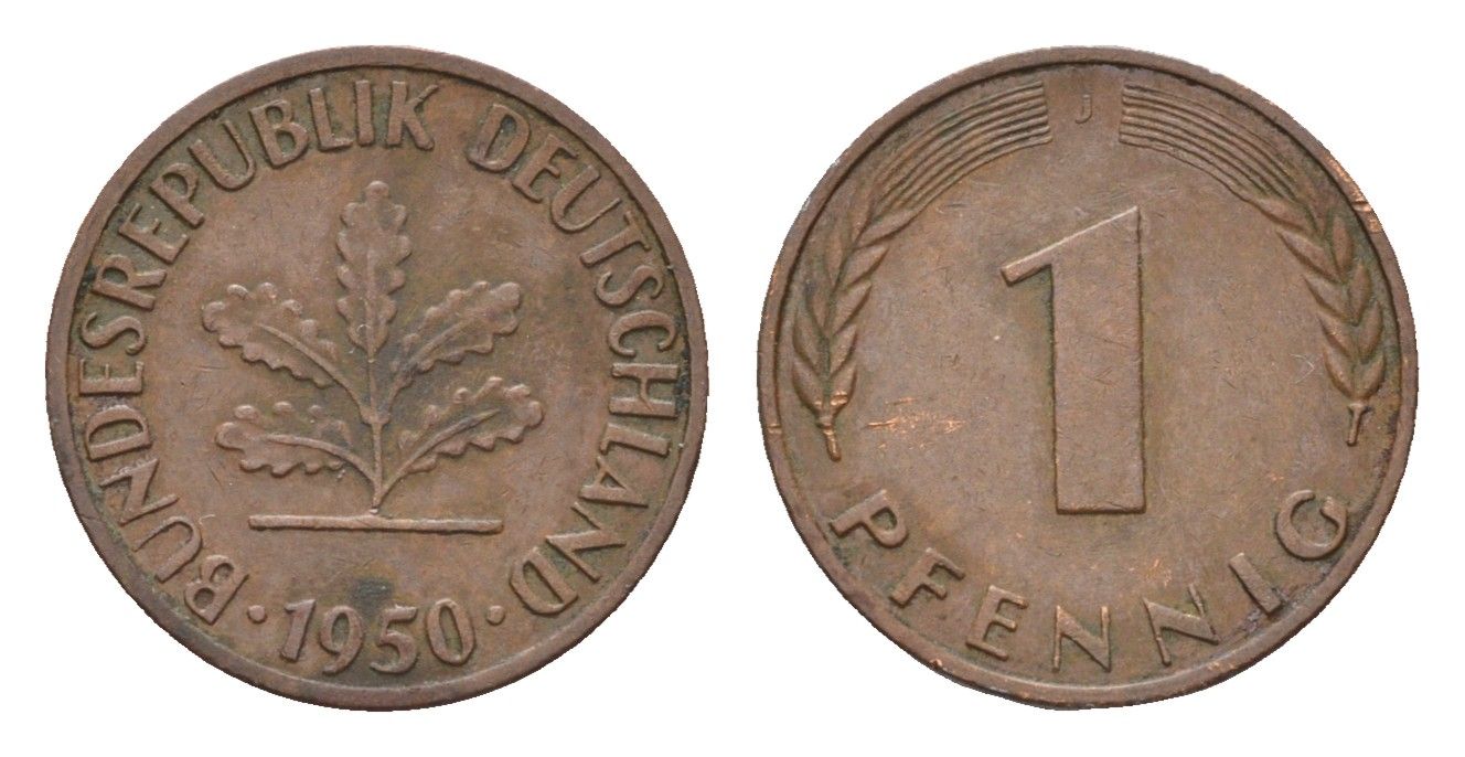 ФРГ 1 пфенниг 1950 J KM 105, J.380 сталь плакированная медью 4618-569