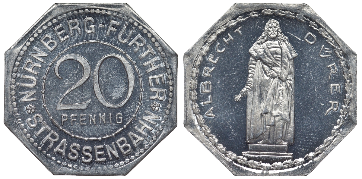 Германия, Нюрнберг - Фюрт 20 пфеннигов ND трамвайный жетон, памятник Дюреру алюминий UNC 4119-643