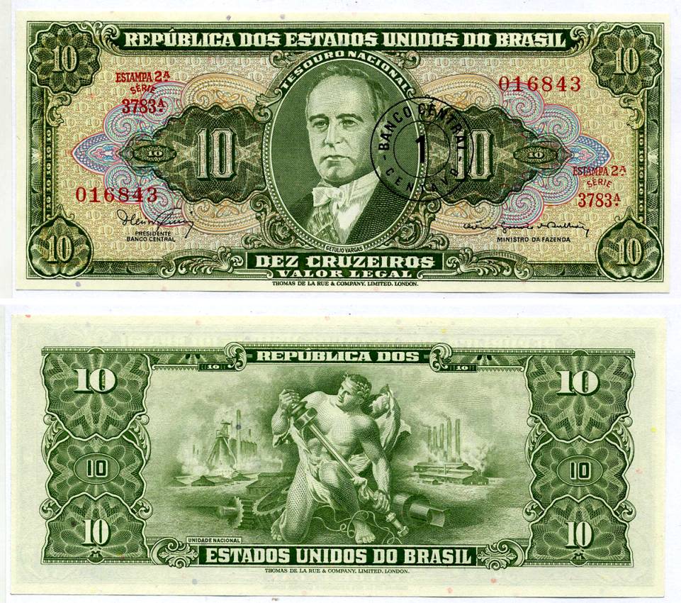 БРАЗИЛИЯ 1 СЕНТАВО 1967 СЕРИЯ 3783А, ESTAMPA 2A, НАДПЕЧАТКА НА 10 КРУЗЕЙРО Pick 183b бумага UNC (ПРЕСС) 7221-28-2