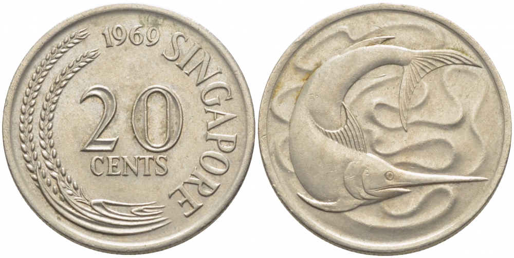 СИНГАПУР 20 ЦЕНТОВ 1969 ГОЛУБОЙ МАРЛИН, ТУНЕЦ KM 4 медно-никель 3856-931