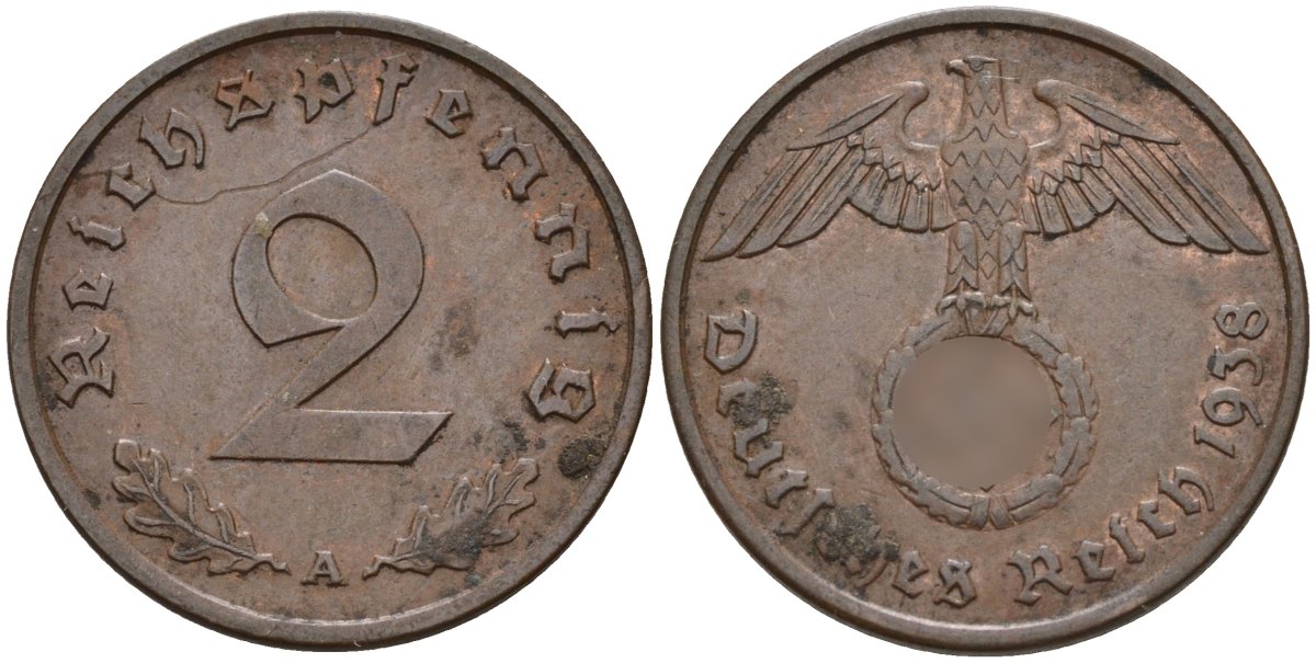 Германия 2 рейхспфеннига 1938 A KM 90, J. 362 бронза 4147-1257