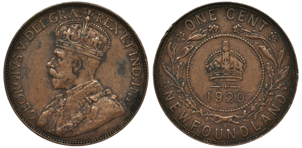 Ньюфаундленд 1 цент 1920 С, Георг V (1910-1936), большой цент KM 16 бронза    1518-412