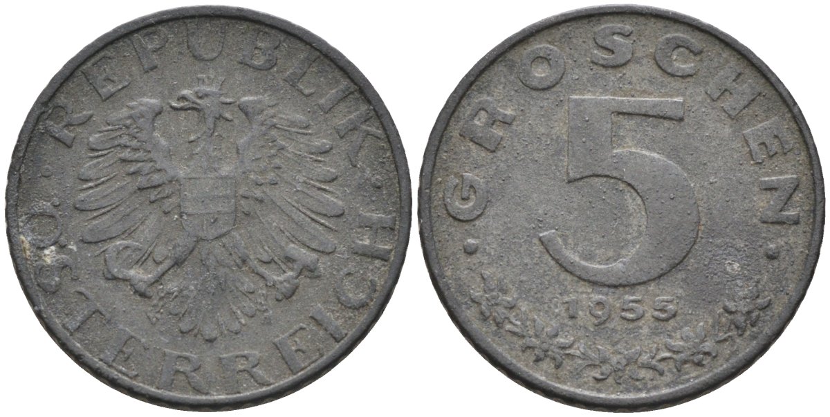 Австрия 5 грошей 1955 KM 2875 цинк 4580-219