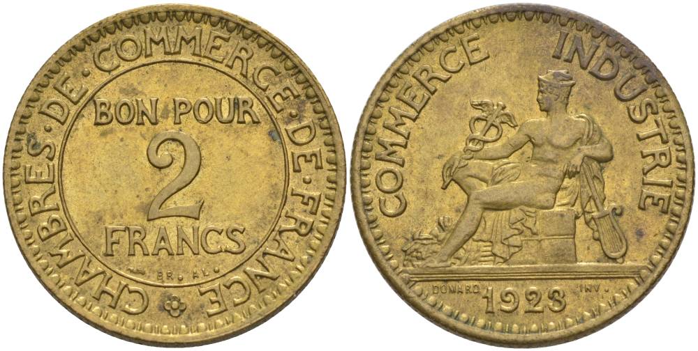 ФРАНЦИЯ 2 ФРАНКА 1923 ТИП CHAMBRES DE COMMERCE KM 877, LE FRANC 267.5 алюминиевая бронза 69-1143