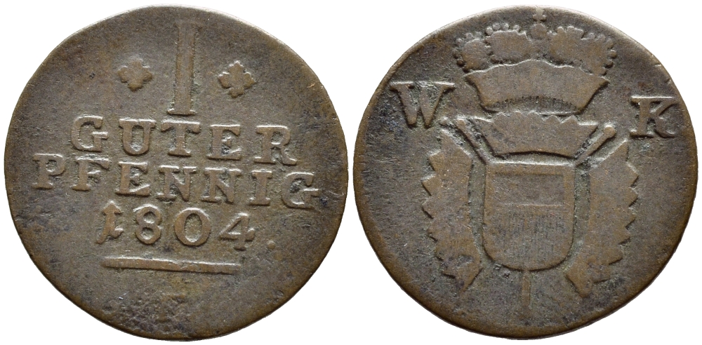 Шаумбург-Гессен 1 пфенниг 1804 F KM 4 медь 261-1116