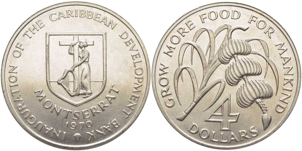 Монтсеррат 4 доллара 1970 FAO, открытие Карибского Банка Развития KM 30 медно-никель UNC 00-00