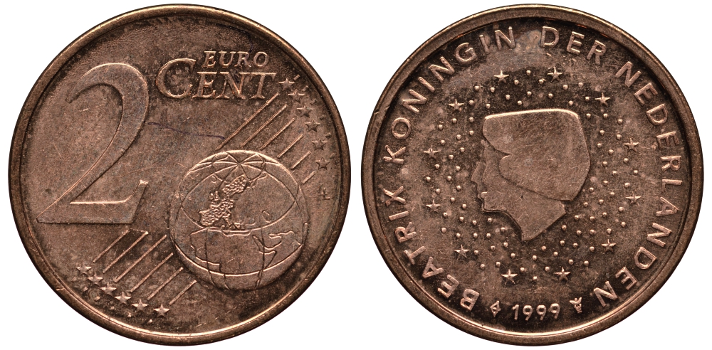 НИДЕРЛАНДЫ 2 ЕВРОЦЕНТА 1999 КОРОЛЕВА БЕАТРИКС KM 235 сталь плакированная медью 4181-428