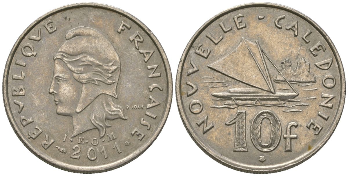 Французская Новая Каледония 10 франков 2011 рыбачья парусная лодка, (IEOM) KM 11a, Schoen 13a, Lec 99k медно-никель 65-116