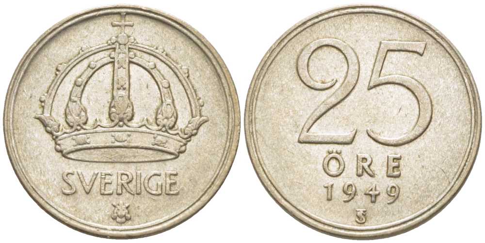 Швеция 25 эре 1949 TS, Густав V (1907-1950) KM 816 серебро 116-1139
