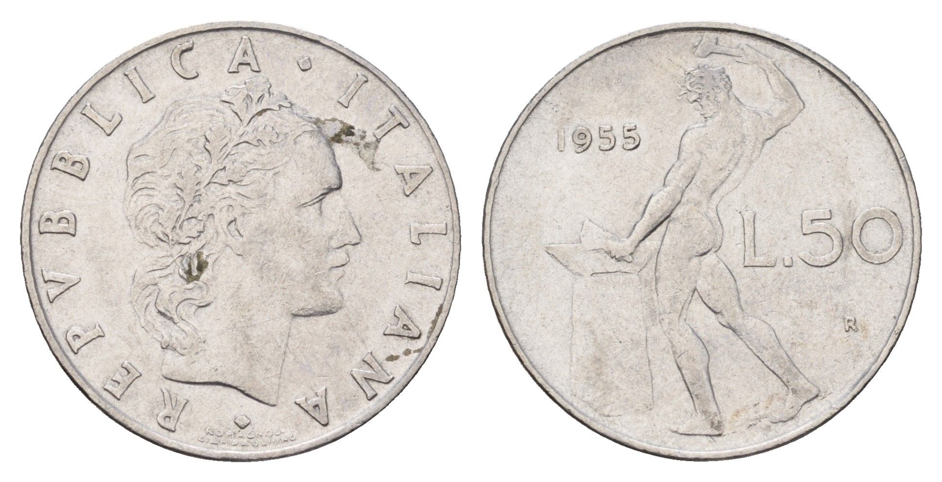 Италия 50 лир 1955 R, бог огня Вулкан у наковальни KM 95.1 нержавеющая сталь 186-937