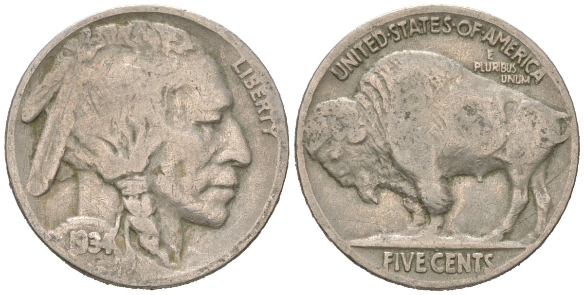 США 5 центов 1934 индеец, бизон KM 134 медно-никель 4614-1145