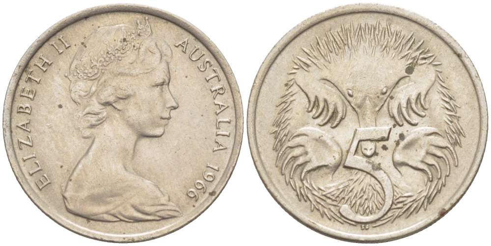 АВСТРАЛИЯ 5 ЦЕНТОВ 1966 ЕЛИЗАВЕТА II (1952-) МОЛОДОЙ ПОРТРЕТ, ЕХИДНА KM 64 медно-никель 4516-647