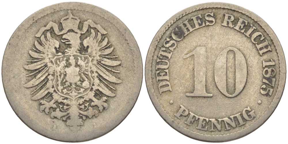 ГЕРМАНИЯ 10 ПФЕННИГОВ 1875 А, СТАРОГЕРБОВКА KM 4, J. 4 медно-никель 4401-913