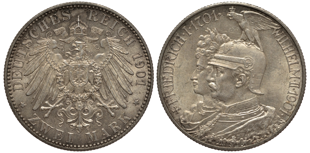 Пруссия 2 марки 1901 A, 200 лет Прусской королевской династии (Фридрих I - Вильгельм II) J.105, Weege 105, KM 525 серебро 3711-1123