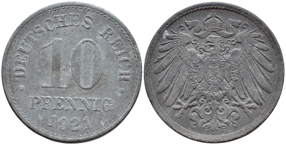 ГЕРМАНИЯ 10 ПФЕННИГОВ 1921 KM 26, J. 299 цинк 4395-1246
