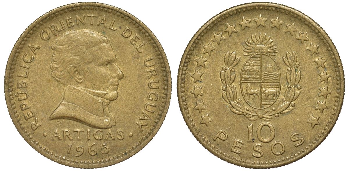 Уругвай 10 песо 1965 KM 48 алюминиевая бронза 4574-613