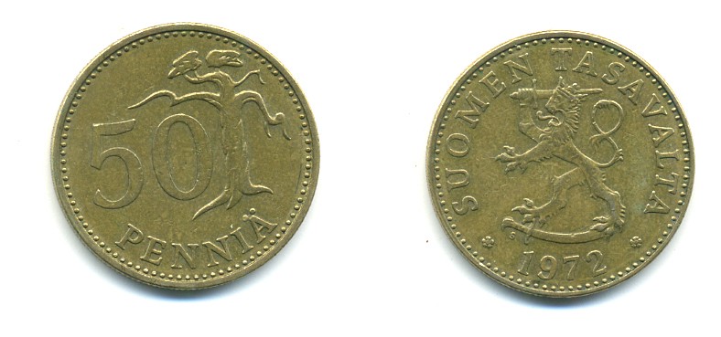 ФИНЛЯНДИЯ 50 ПЕННИ 1972 S KM 48 алюминиевая бронза 80-442