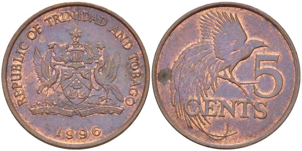 Тринидад и Тобаго 5 центов 1996 райская птица KM 30 бронза 61-1112