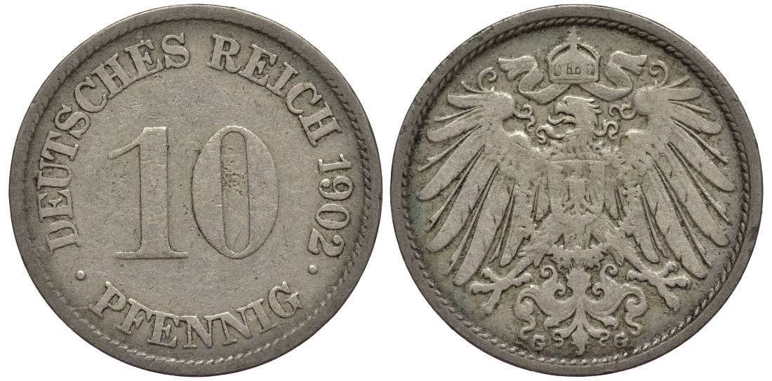 Германия 10 пфеннигов 1902 G KM 12, Jager 13, Weege 8 медно-никель 219-353